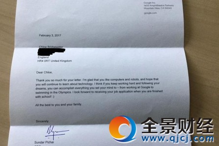 7岁女孩写信向谷歌求职 CEO皮查伊回信:期待毕业后见