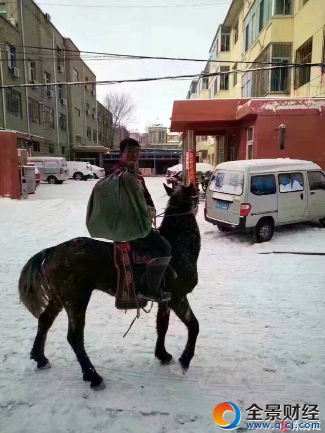 双11快递员骑马送包裹 暴雪也挡不住敬业心