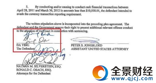 英达在联邦检察官办公室出具的认罪书上签字