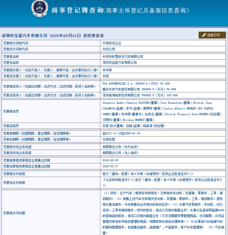 長安PSA正式更名為寶能汽車 前海銳致為投資人