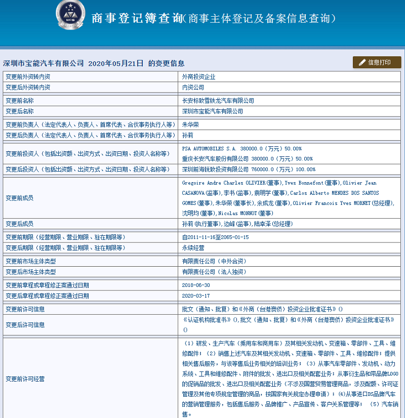 长安PSA正式更名为宝能汽车 前海锐致为投资人