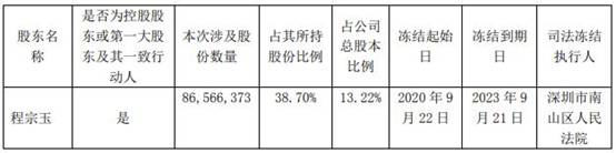 名家汇(300506.SZ)：程宗玉所持8657万股被司法冻结