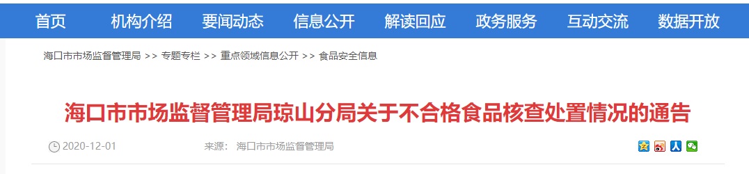 海口市场监管理局琼山分局通告不合格食品核查处置情况 涉旺佳旺商