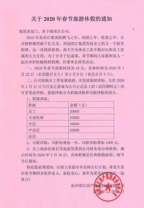 土豪公司春节放19天假还发5万元 网友：羡慕