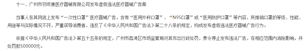 广州市羽项康医疗器械公司涉嫌虚假宣传被罚50万