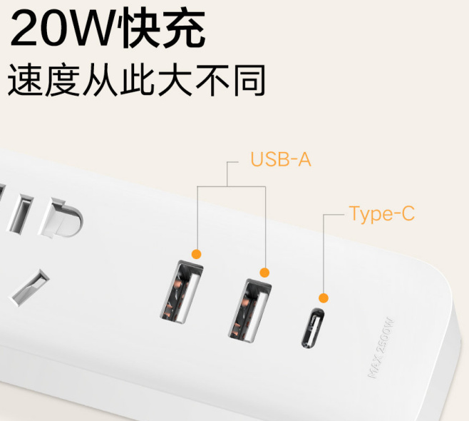 小米插线板20W快充版2A1C上线 同时输出最高15.5W