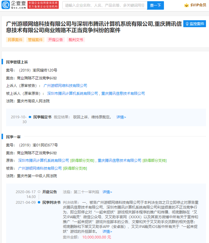 腾讯起诉叉叉助手获赔1000万元 构成不正当竞争