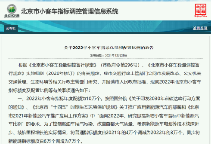 通告：2022年北京小客车指标年度配额为10万个