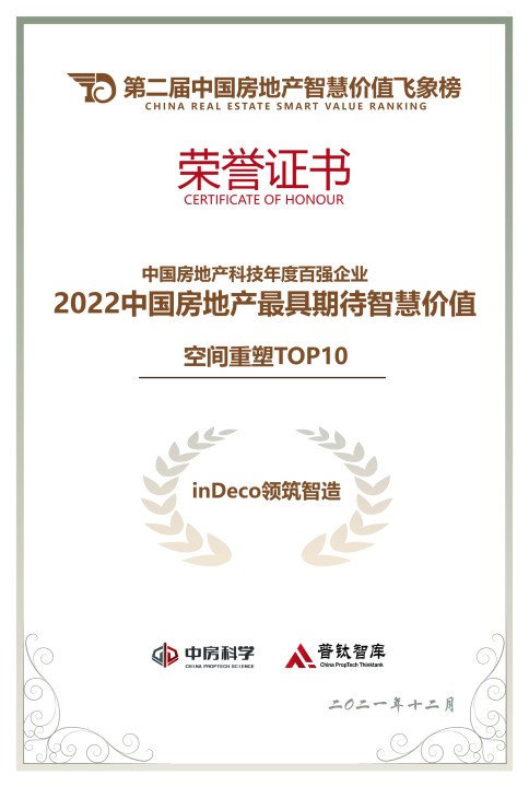 inDeco領(lǐng)筑智造再登中國(guó)房地產(chǎn)智慧價(jià)值飛象榜