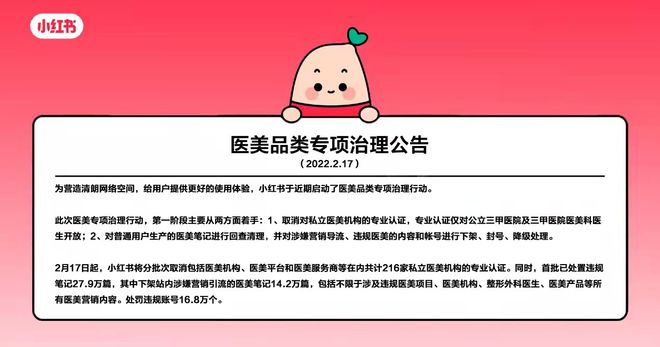 小红书：取消对私立医美机构专业认证 处罚违规账号16.8万个