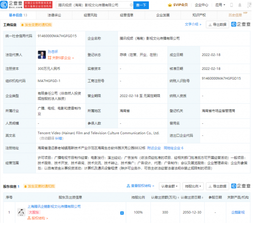 腾讯于海南成立影视文化传播公司 注册资本300万元