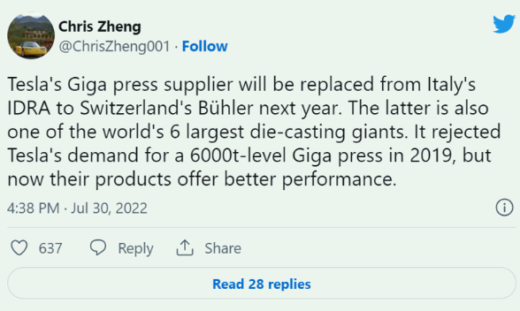 传特斯拉或引入另一家压铸机供应商 瑞士Bühler或为第二家压铸机供应商