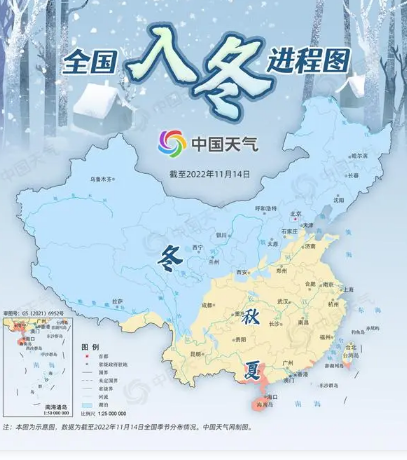 全国入冬进程图来了 江南西部、西南地区东部等地降温14~18℃