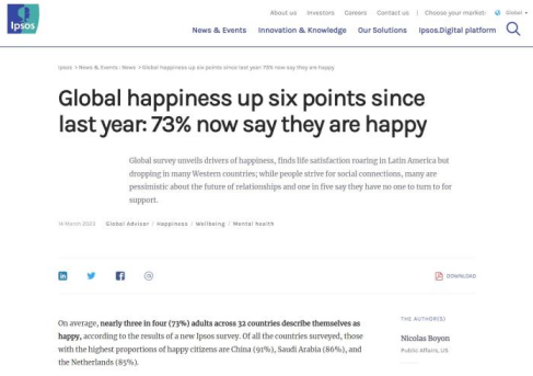 机构:中国人幸福感全球最高 韩国人幸福感指数与前一年持平
